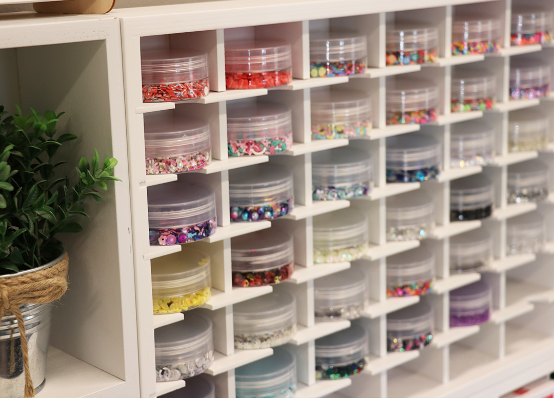 craft room organization; storing rhinestones, pearls, and stickers